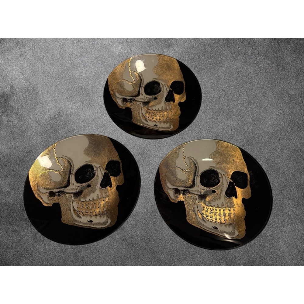 Set of 3 Skull Glass Plates 8.5" Black Gold Silver Gothic Memento Mori Decor